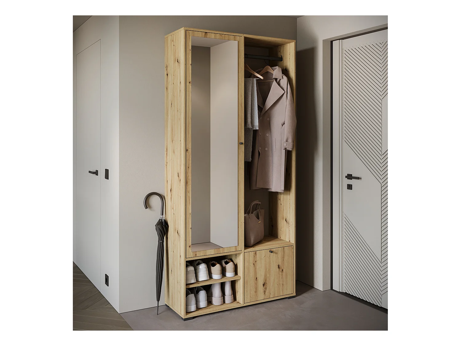 Nowoczesna garderoba 90 cm szafa do przedpokoju z lustrem półkami i drążkiem mat artisan