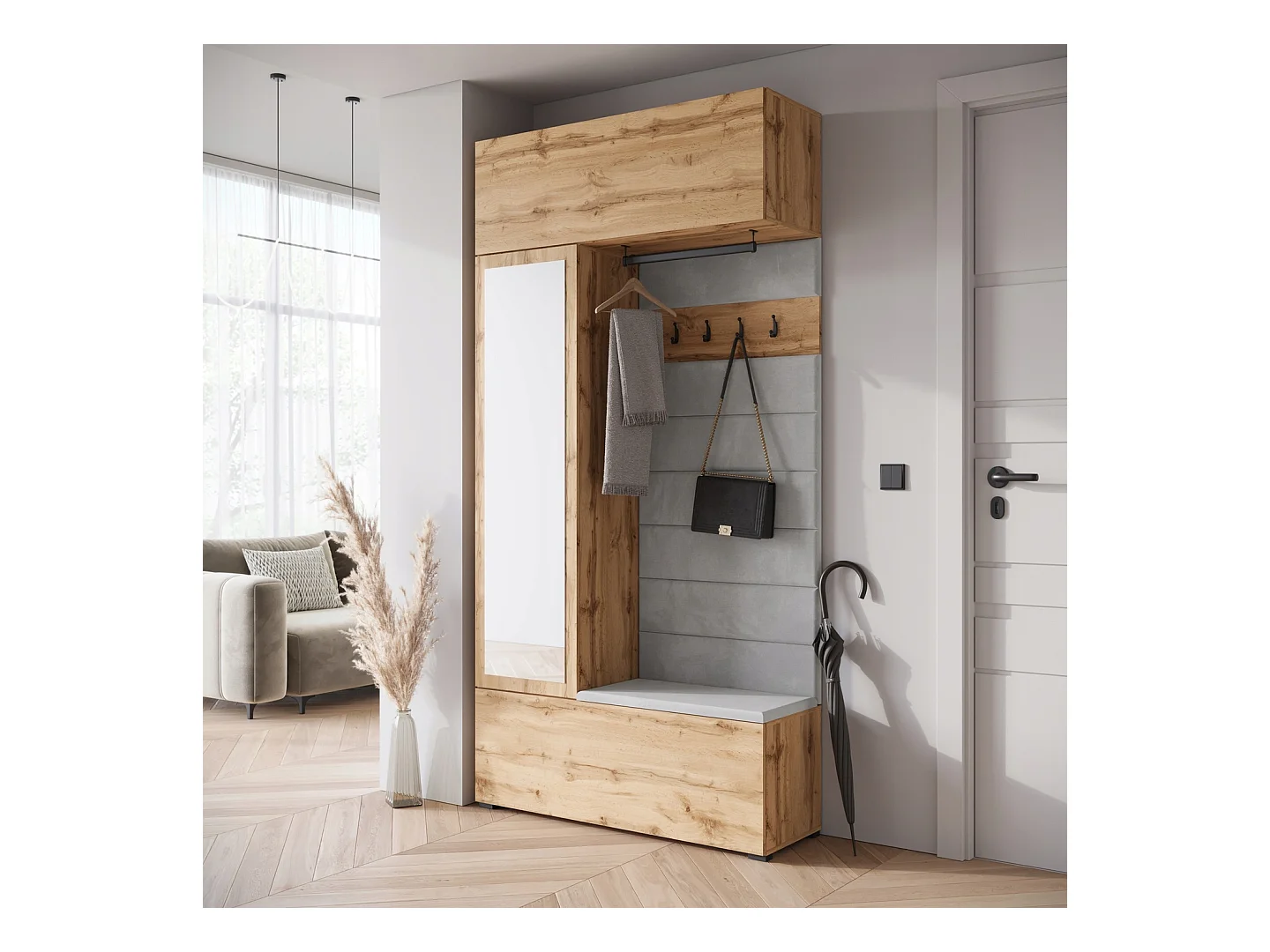 Armario moderno armario de entrada con espejo asiento y estantes roble wotan mate