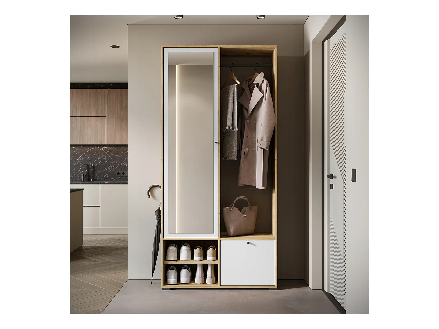 Nowoczesna garderoba 90 cm szafa do przedpokoju z lustrem półkami i drążkiem mat artisan biały