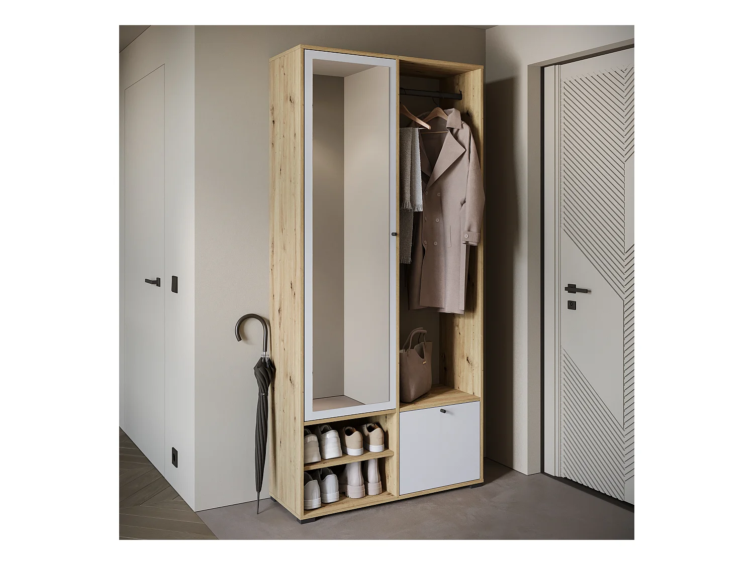 Nowoczesna garderoba 90 cm szafa do przedpokoju z lustrem półkami i drążkiem mat artisan biały