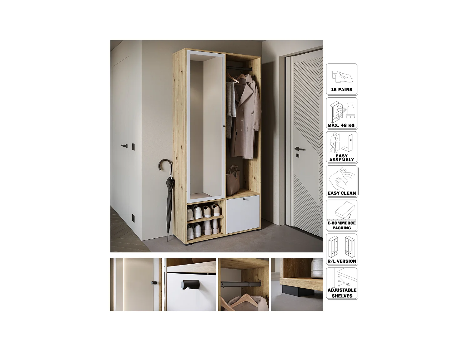 Nowoczesna garderoba 90 cm szafa do przedpokoju z lustrem półkami i drążkiem mat artisan biały