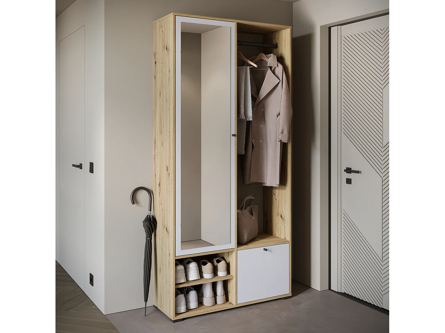 Armoire moderne 90 cm armoire dentrée avec miroir étagères et tringle mat artisan blanc