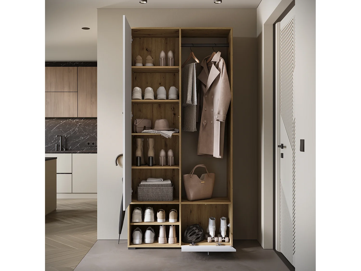 Armoire moderne 90 cm armoire dentrée avec miroir étagères et tringle mat artisan blanc