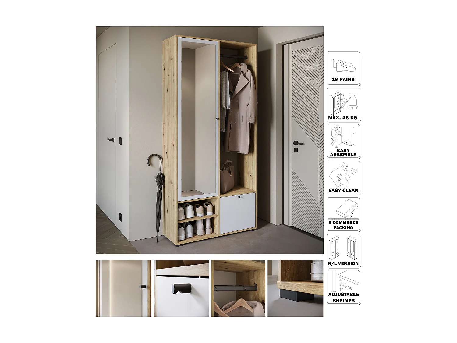 Armoire moderne 90 cm armoire dentrée avec miroir étagères et tringle mat artisan blanc