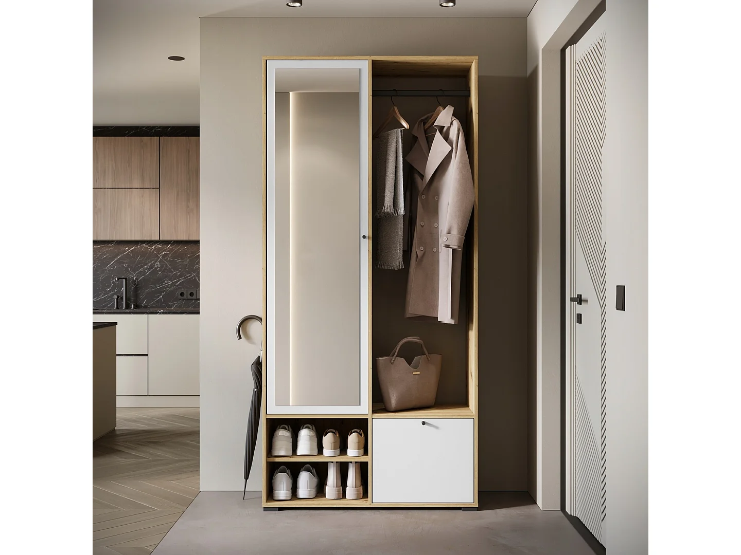 Armoire moderne 90 cm armoire dentrée avec miroir étagères et tringle mat artisan blanc
