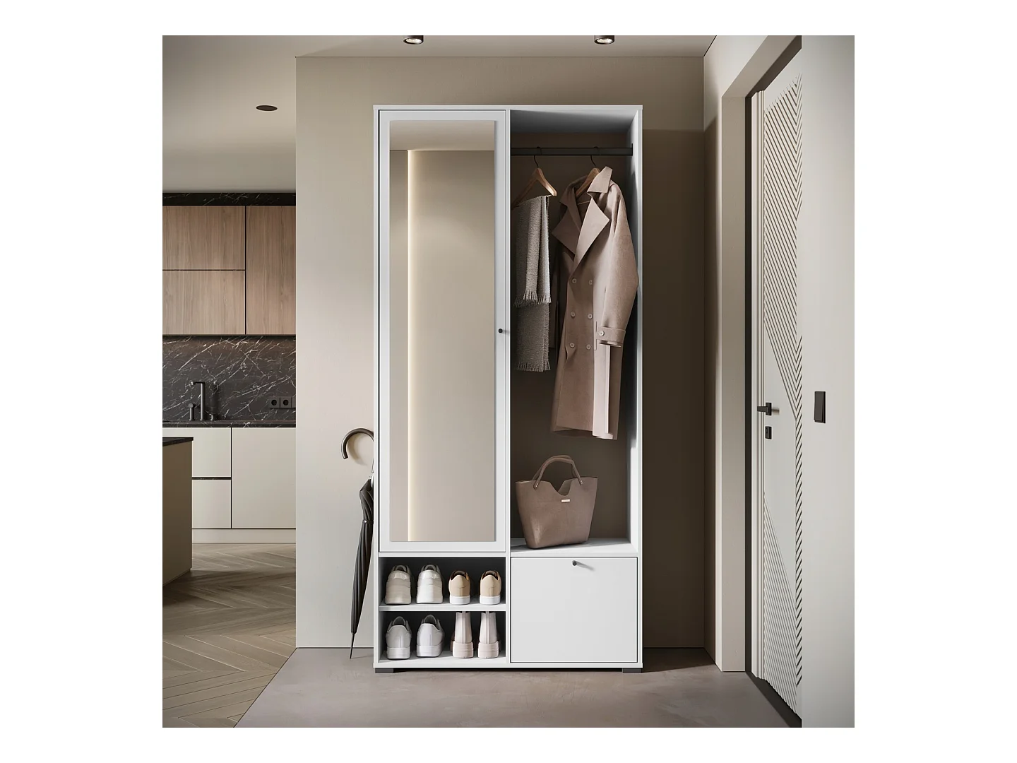 Nowoczesna garderoba 90 cm szafa do przedpokoju z lustrem półkami i drążkiem mat biały