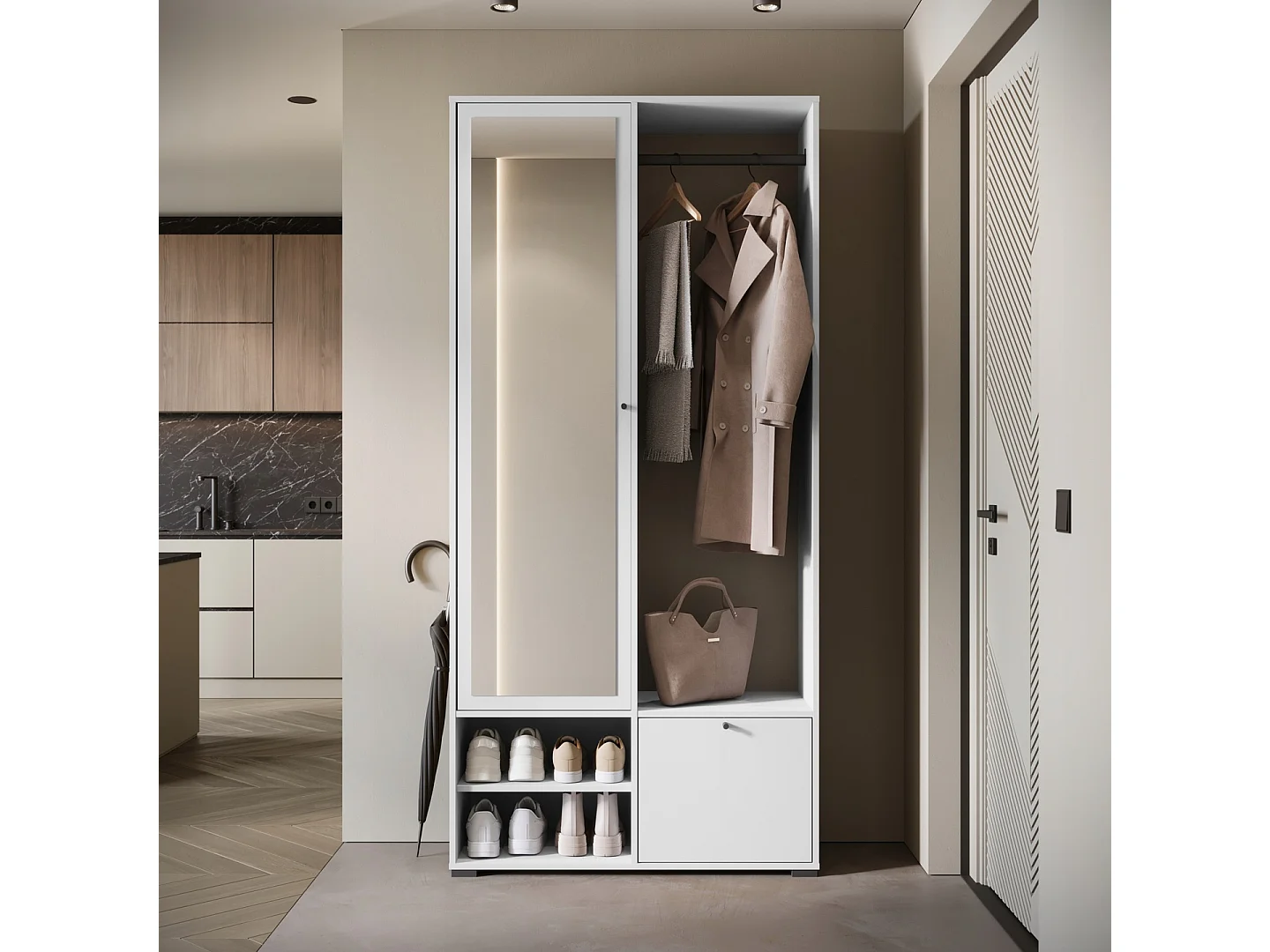 Armoire moderne 90 cm armoire dentrée avec miroir étagères et tringle mat blanc