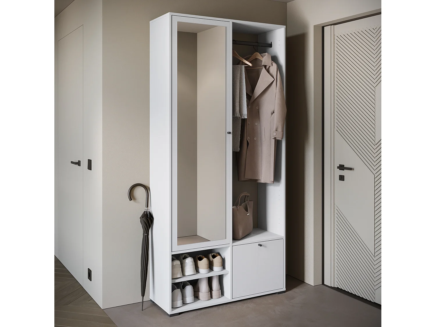 Armoire moderne 90 cm armoire dentrée avec miroir étagères et tringle mat blanc