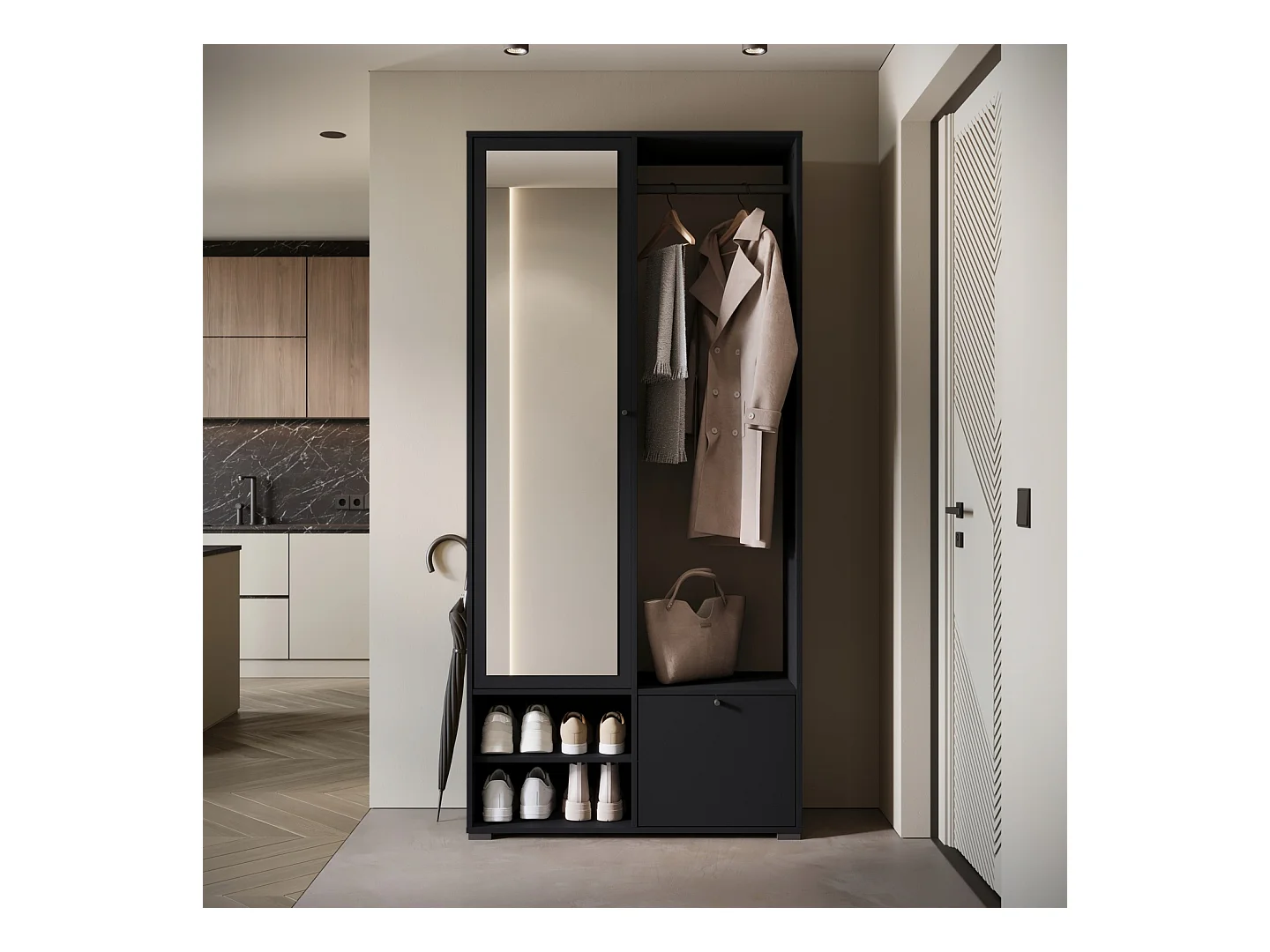 Nowoczesna garderoba 90 cm szafa do przedpokoju z lustrem półkami i drążkiem mat czarny grafit