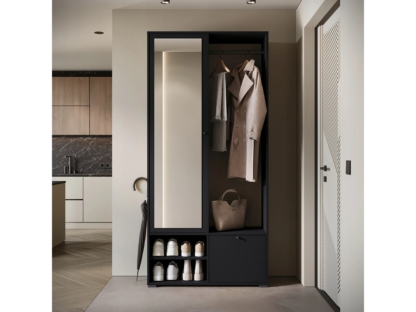 Garderobenschrank mit Spiegel DINO 90x190 cm, Flurmöbel, Schuhschrank, Garderobe mit Kleiderhaken, Farbe Schwarz