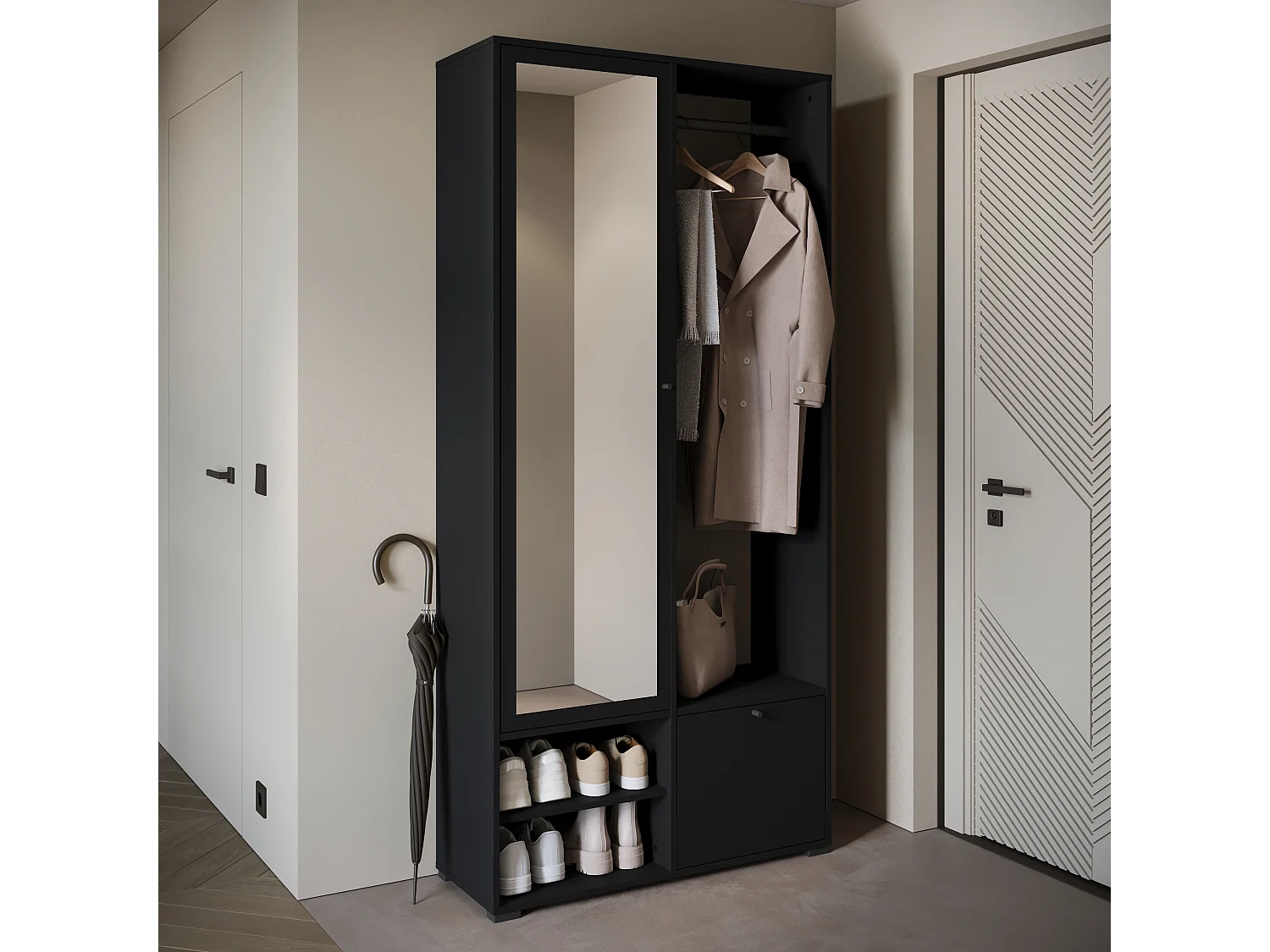 Garderobenschrank mit Spiegel DINO 90x190 cm, Flurmöbel, Schuhschrank, Garderobe mit Kleiderhaken, Farbe Schwarz