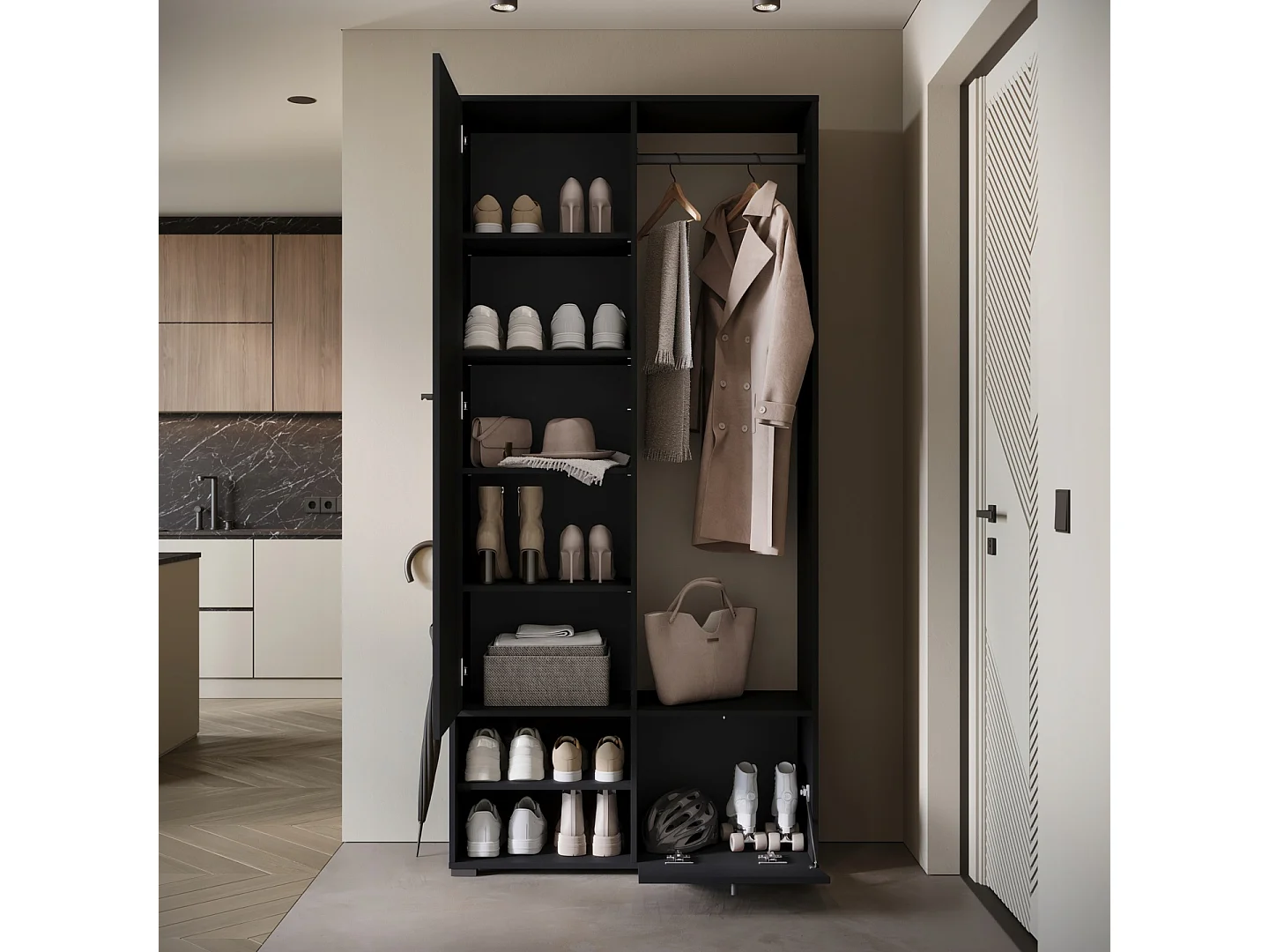Garderobenschrank mit Spiegel DINO 90x190 cm, Flurmöbel, Schuhschrank, Garderobe mit Kleiderhaken, Farbe Schwarz