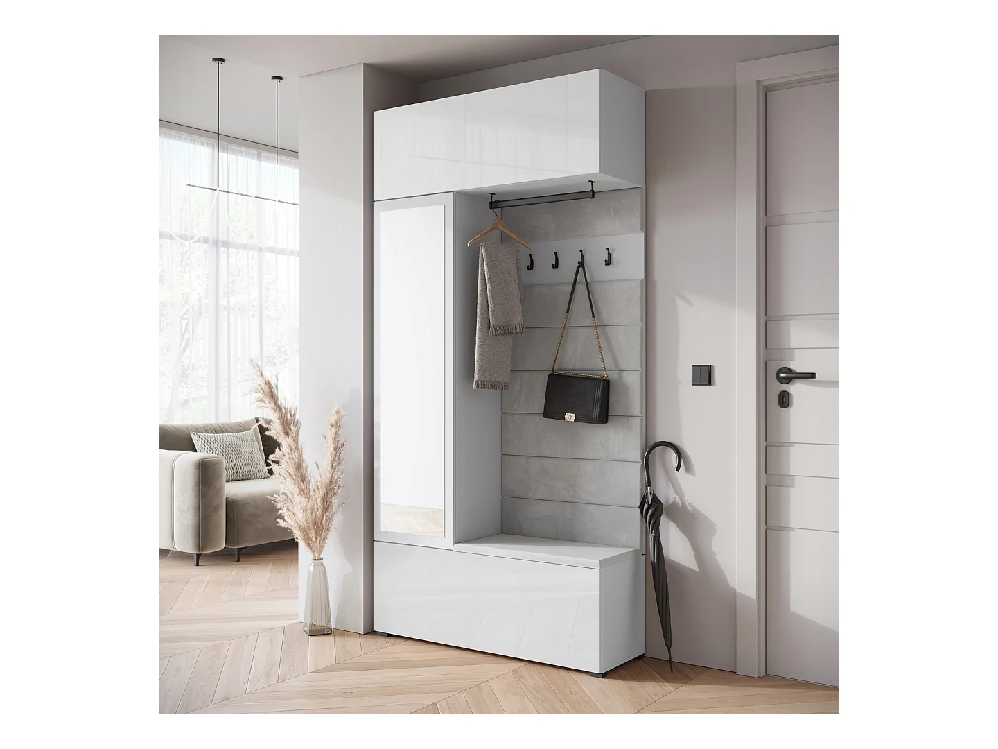 Nowoczesna garderoba szafa do przedpokoju z lustrem siedziskiem i półkami fronty biały połysk korpus Biały mat