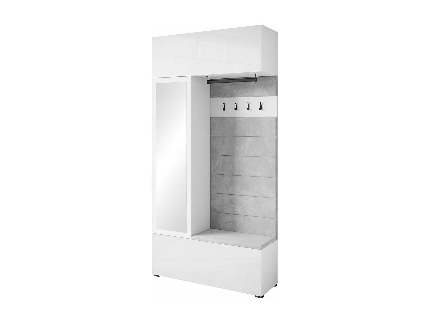 Modern vit entrégarderob med spegel, stoppad sits och hyllor - Funktionell vestiaire med elegant design