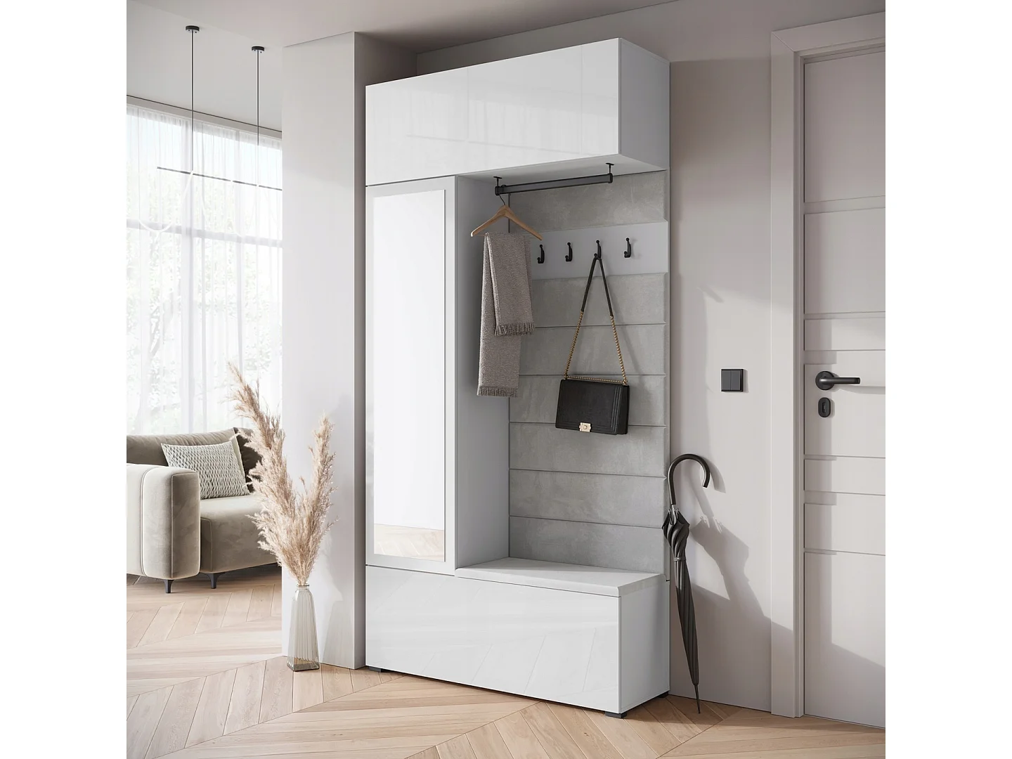 Modern vit entrégarderob med spegel, stoppad sits och hyllor - Funktionell vestiaire med elegant design