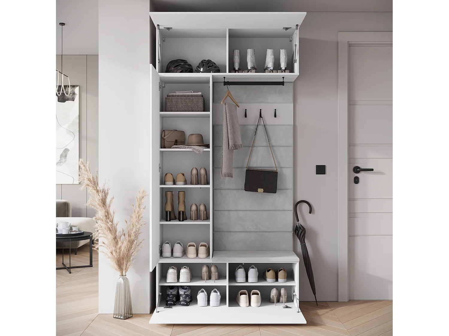 Modern vit entrégarderob med spegel, stoppad sits och hyllor - Funktionell vestiaire med elegant design