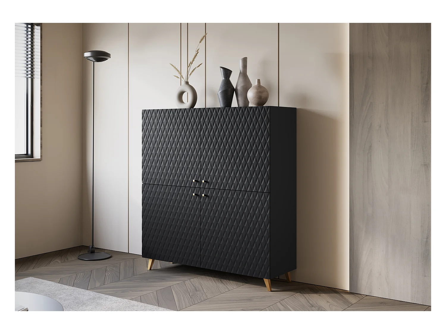 Commode haute moderne 120 cm en graphite noir, façades MDF à motif losanges, poignées dorées et pieds dorés