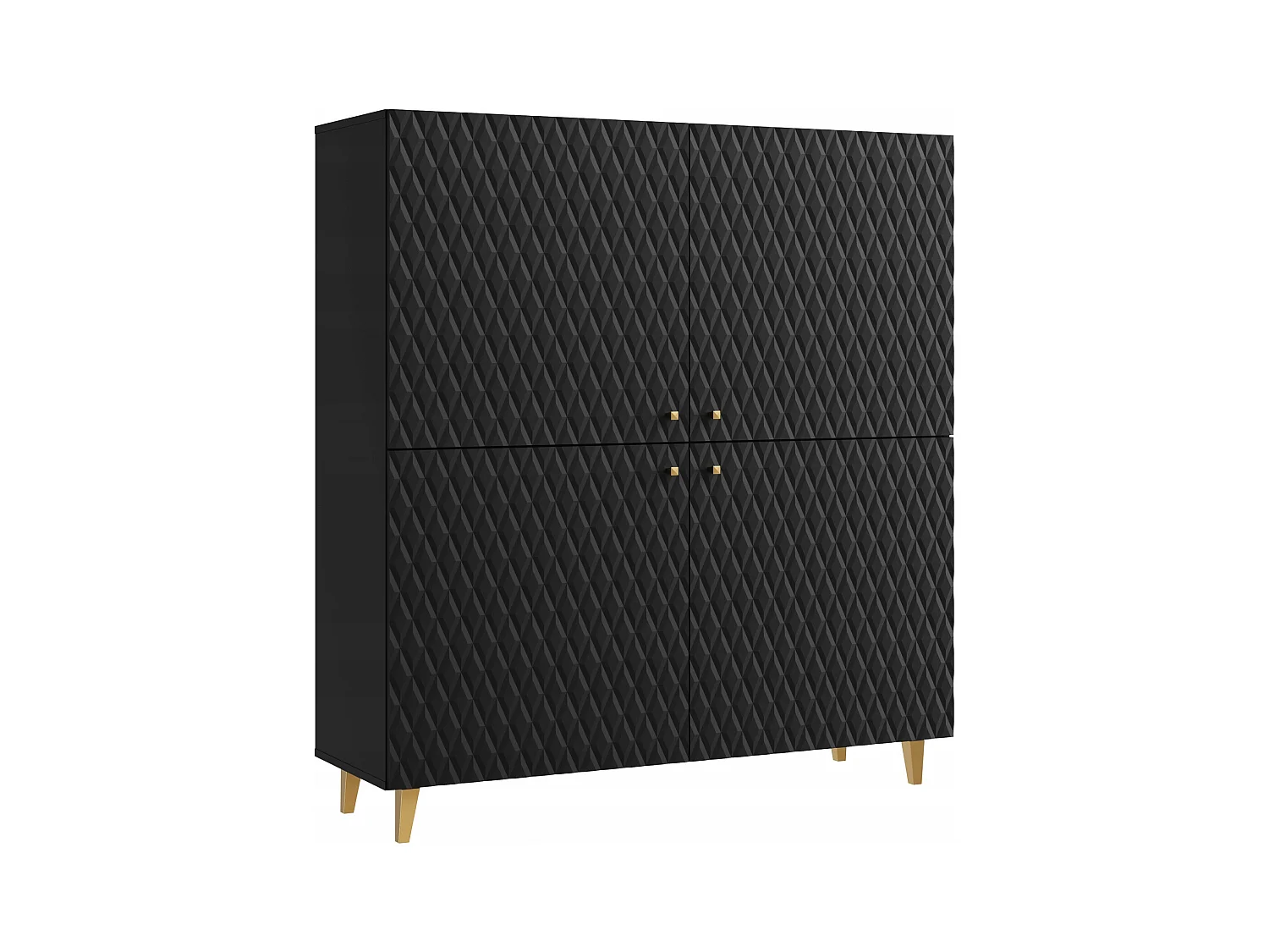 Commode haute moderne 120 cm en graphite noir, façades MDF à motif losanges, poignées dorées et pieds dorés