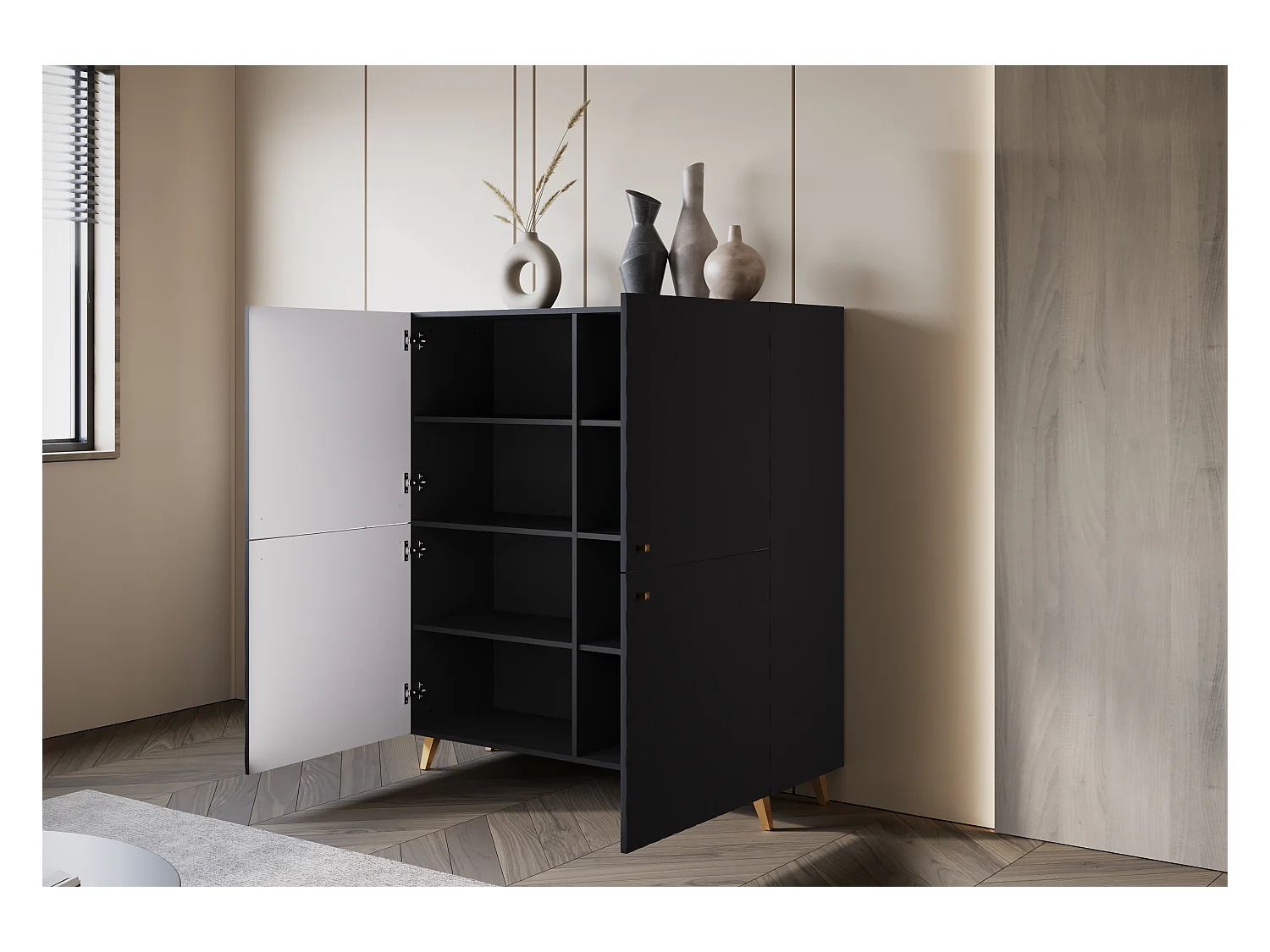 Commode haute moderne 120 cm en graphite noir, façades MDF à motif losanges, poignées dorées et pieds dorés