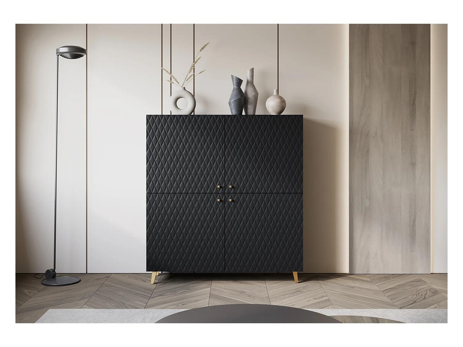 Commode haute moderne 120 cm en graphite noir, façades MDF à motif losanges, poignées dorées et pieds dorés