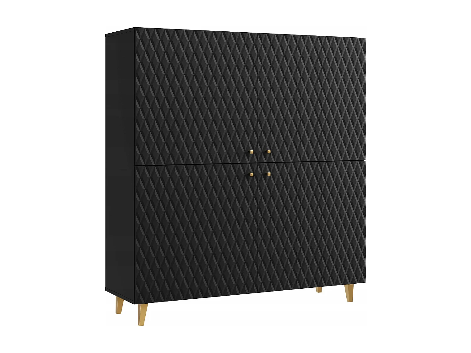 Commode haute moderne 120 cm en graphite noir, façades MDF à motif losanges, poignées dorées et pieds dorés