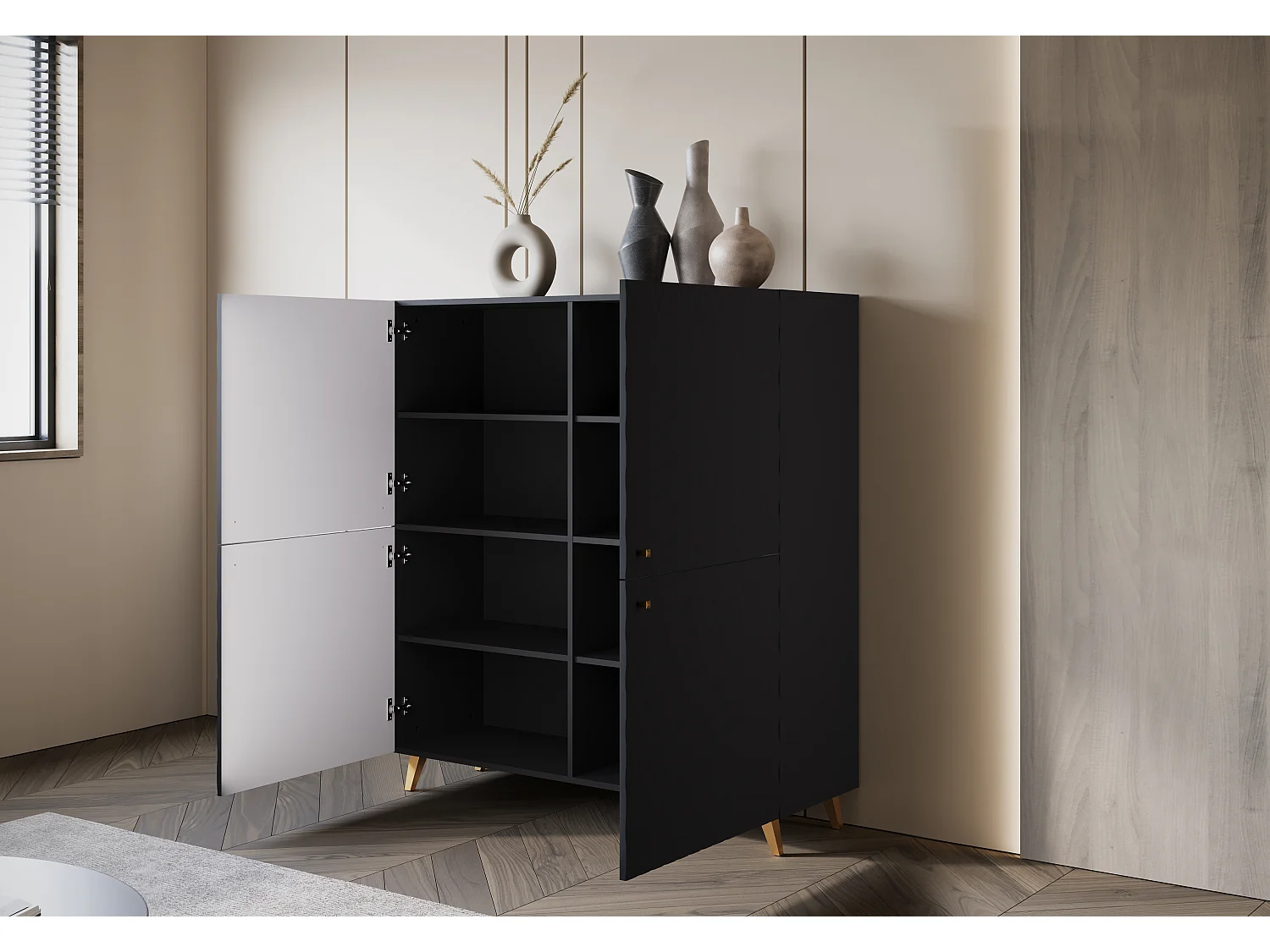 Commode haute moderne 120 cm en graphite noir, façades MDF à motif losanges, poignées dorées et pieds dorés