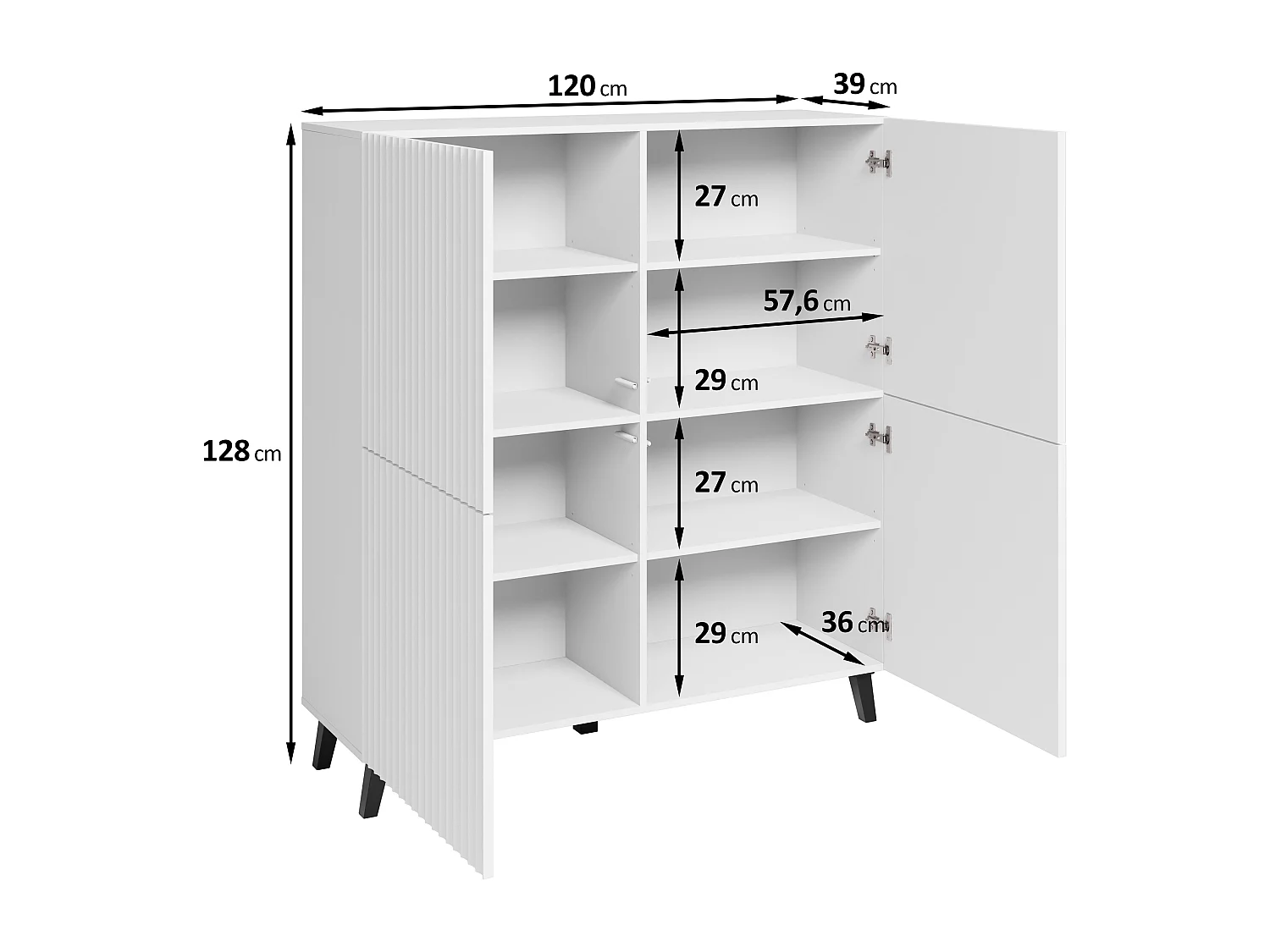 Commode haute moderne 120 cm en graphite noir, façades MDF à motif losanges, poignées dorées et pieds dorés