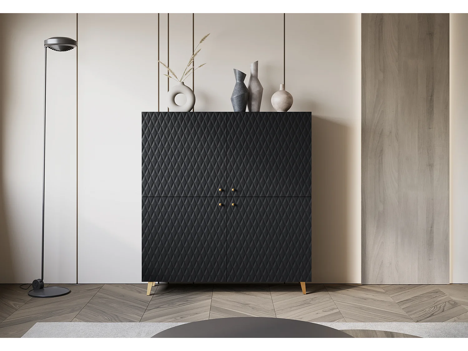 Modern Högskåp 120cm Grafit Svart med Gyllene Accenter, Soft-Close System, 8 Förvaringsutrymmen
