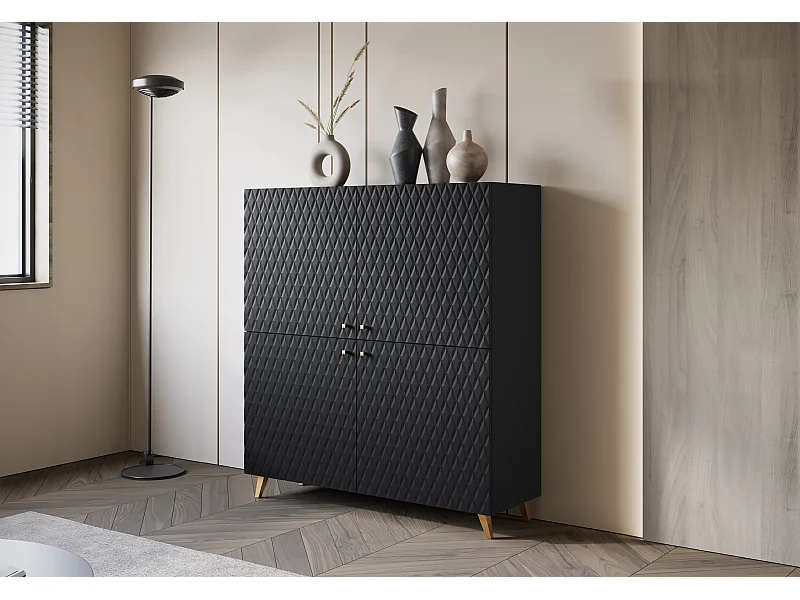 Nowoczesna wysoka komoda 120 cm czarny grafit, fronty MDF romby, złote uchwyty i złote nóżki