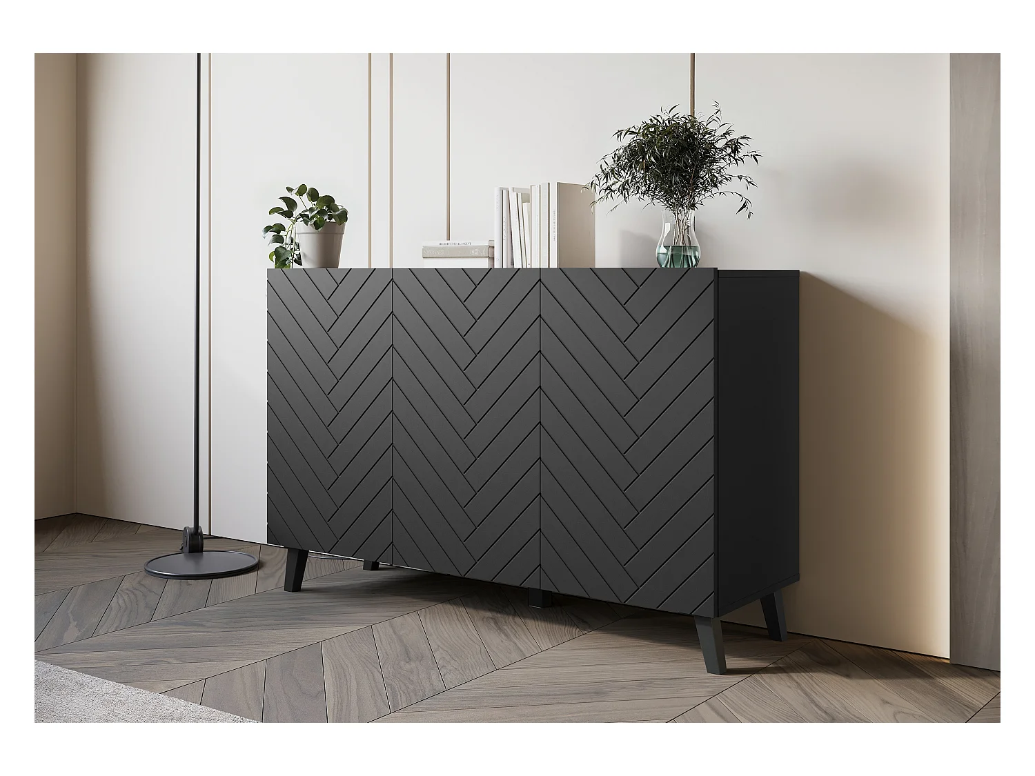 Nowoczesna komoda 120 cm do salonu na nóżkach, czarny grafit, fronty MDF w jodełkę.