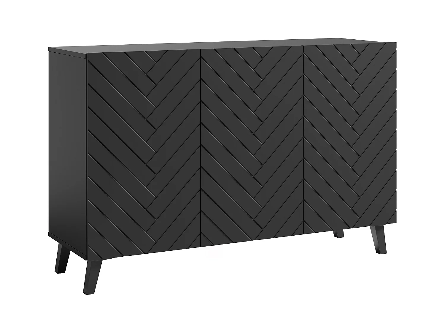 Nowoczesna komoda 120 cm do salonu na nóżkach, czarny grafit, fronty MDF w jodełkę.