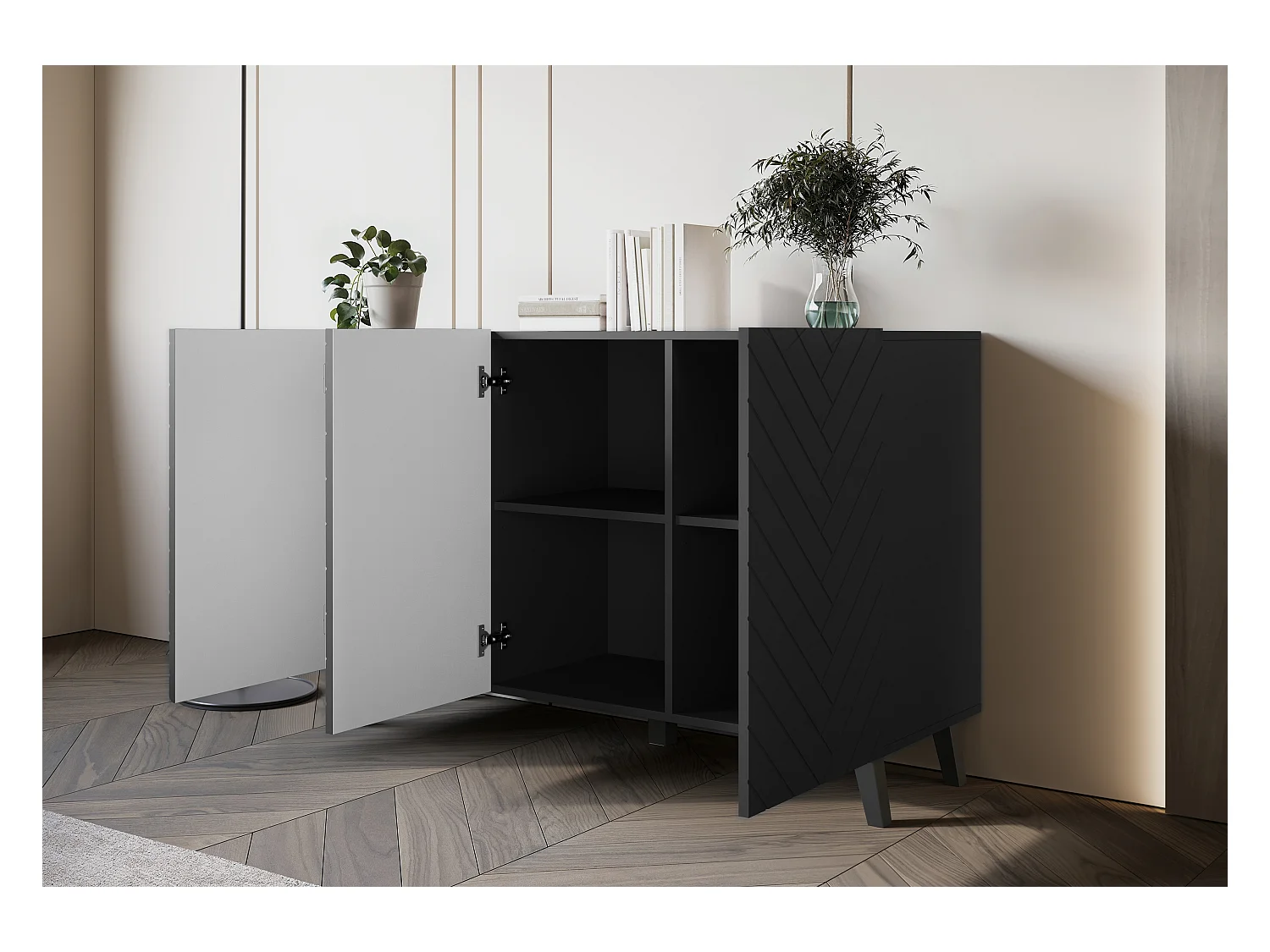 Nowoczesna komoda 120 cm do salonu na nóżkach, czarny grafit, fronty MDF w jodełkę.