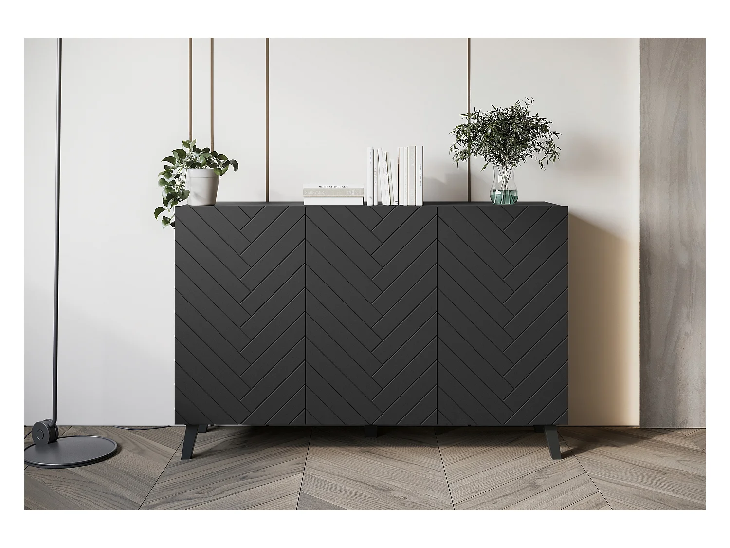 Nowoczesna komoda 120 cm do salonu na nóżkach, czarny grafit, fronty MDF w jodełkę.