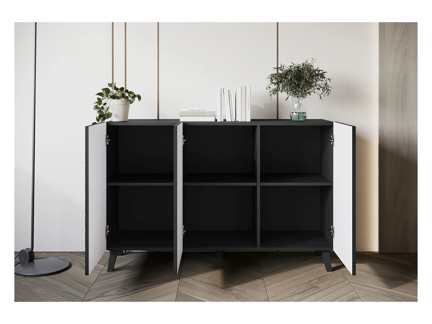 Nowoczesna komoda 120 cm do salonu na nóżkach, czarny grafit, fronty MDF w jodełkę.