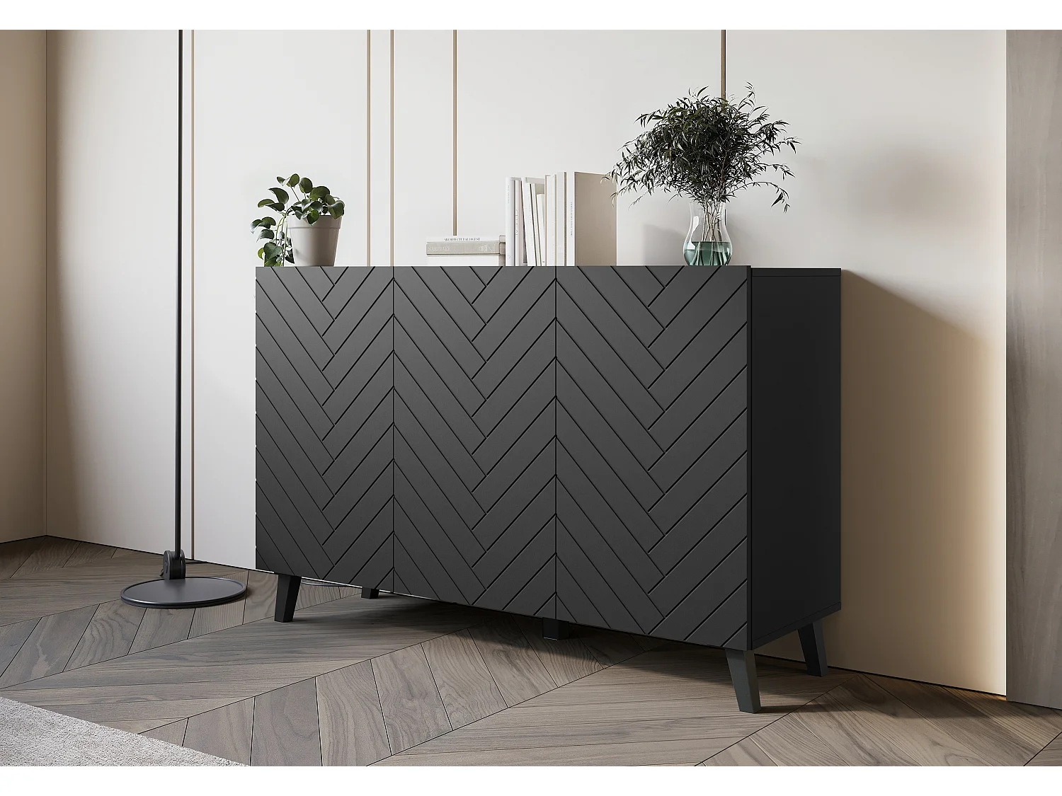 Buffet moderne 120 cm pour salon sur pieds, graphite noir, façades MDF motif chevrons
