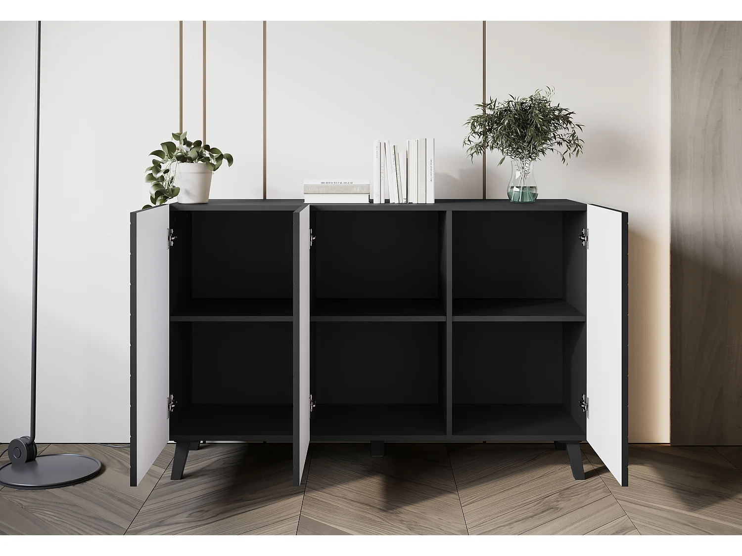 Buffet moderne 120 cm pour salon sur pieds, graphite noir, façades MDF motif chevrons