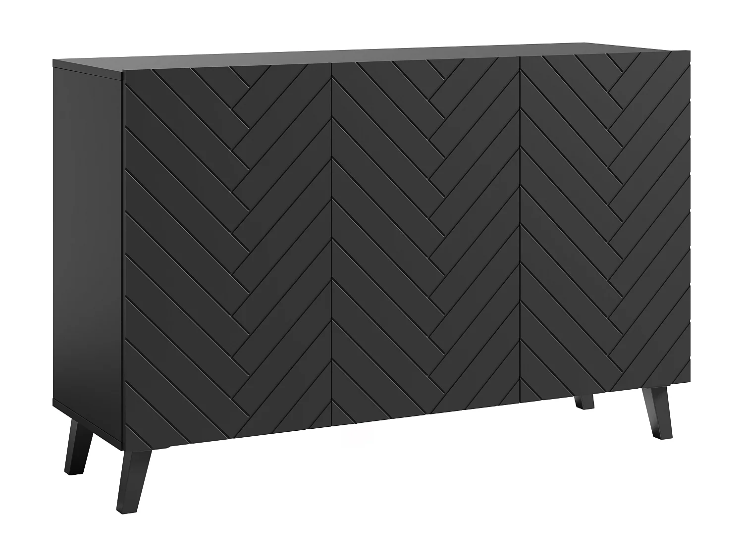 Skänk PHUKET 120 cm med 3 dörrar, byrå med ben, vardagsrumsmöbel, färg svart fiskbensmönster