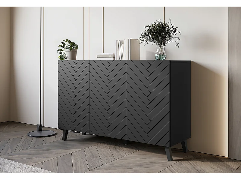 Nowoczesna komoda 120 cm do salonu na nóżkach, czarny grafit, fronty MDF w jodełkę.