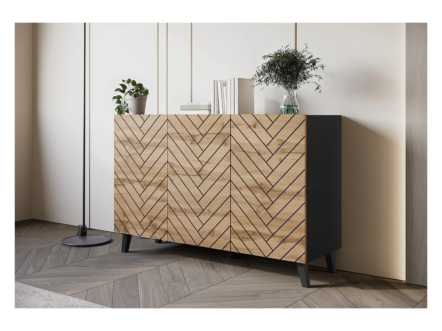 Commode moderne 120 cm pour salon sur pieds, graphite noir, façades MDF chêne wotan motif chevron