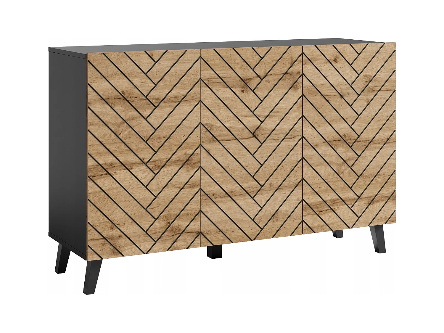 Commode moderne 120 cm pour salon sur pieds, graphite noir, façades MDF chêne wotan motif chevron