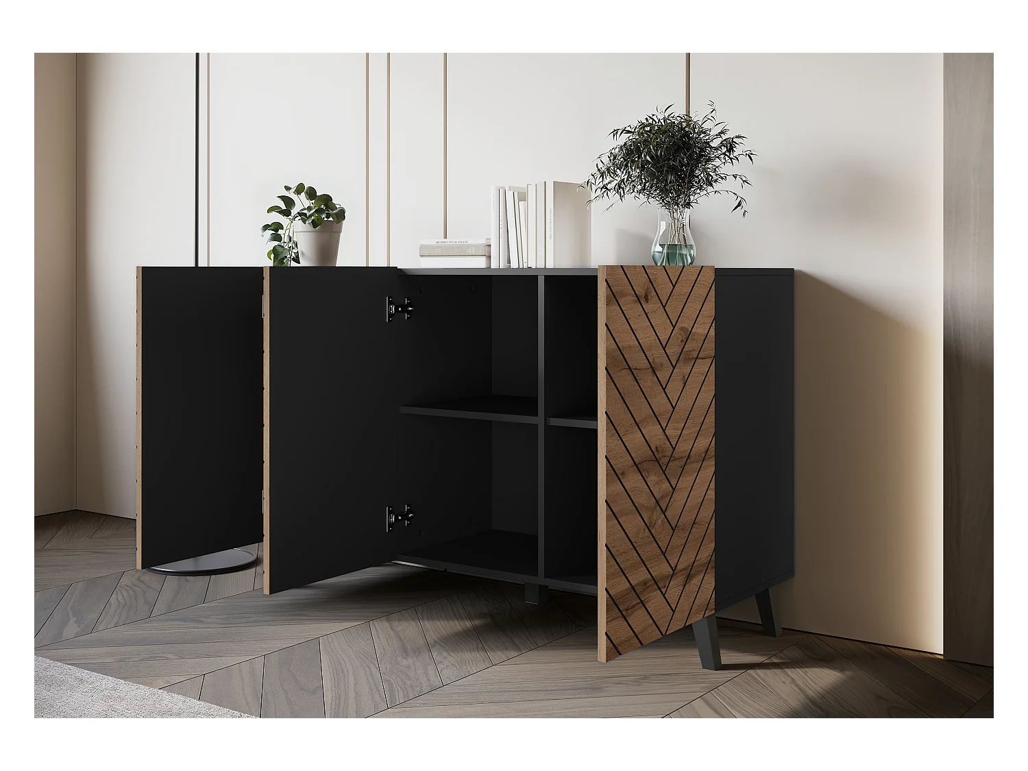 Commode moderne 120 cm pour salon sur pieds, graphite noir, façades MDF chêne wotan motif chevron