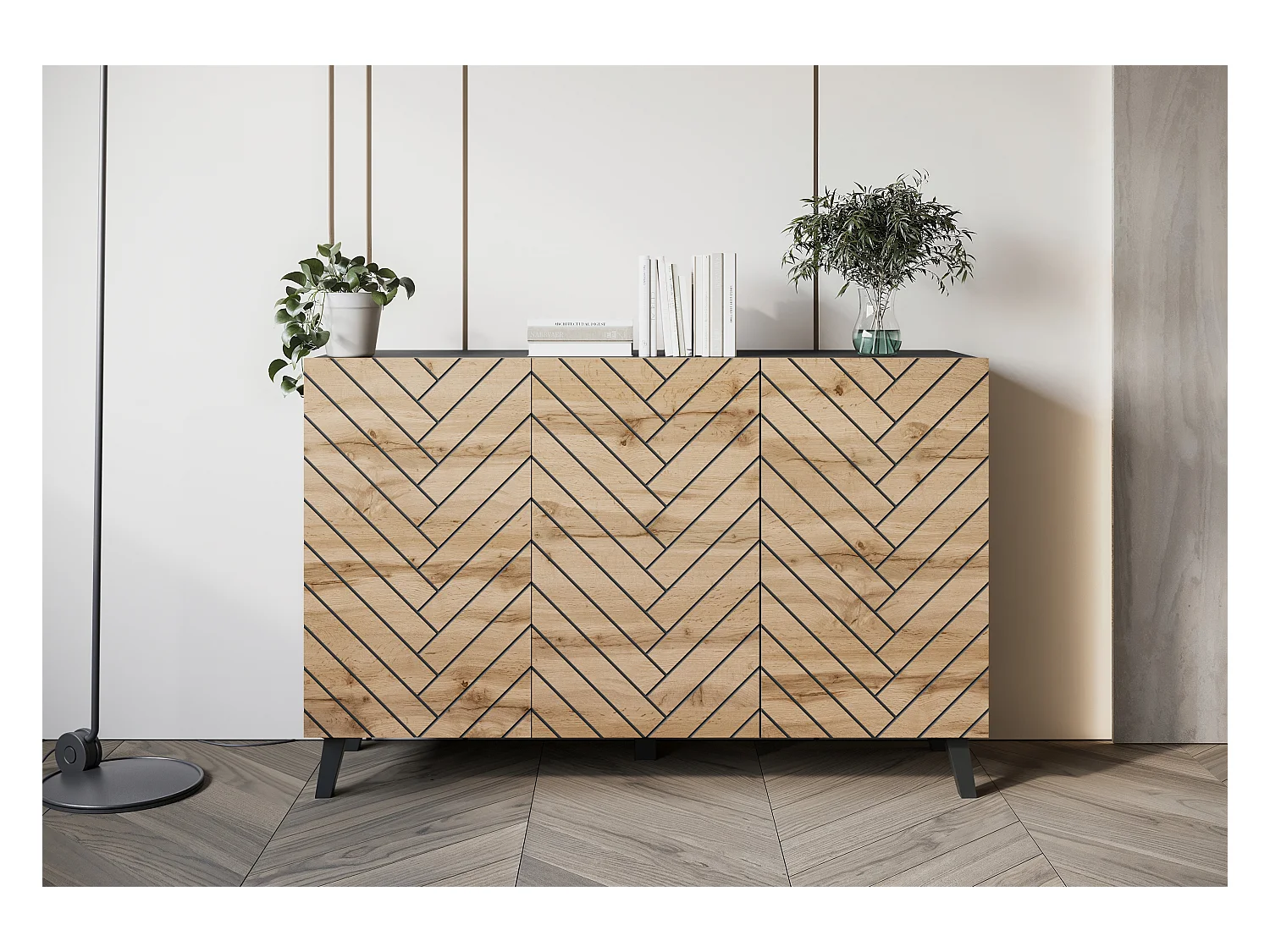 Commode moderne 120 cm pour salon sur pieds, graphite noir, façades MDF chêne wotan motif chevron