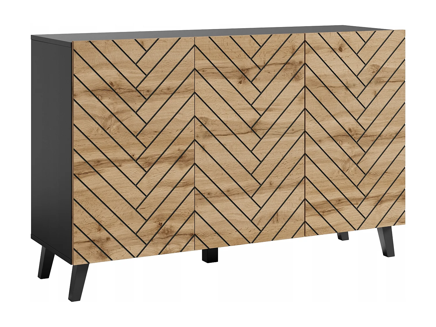 Commode moderne 120 cm pour salon sur pieds, graphite noir, façades MDF chêne wotan motif chevron