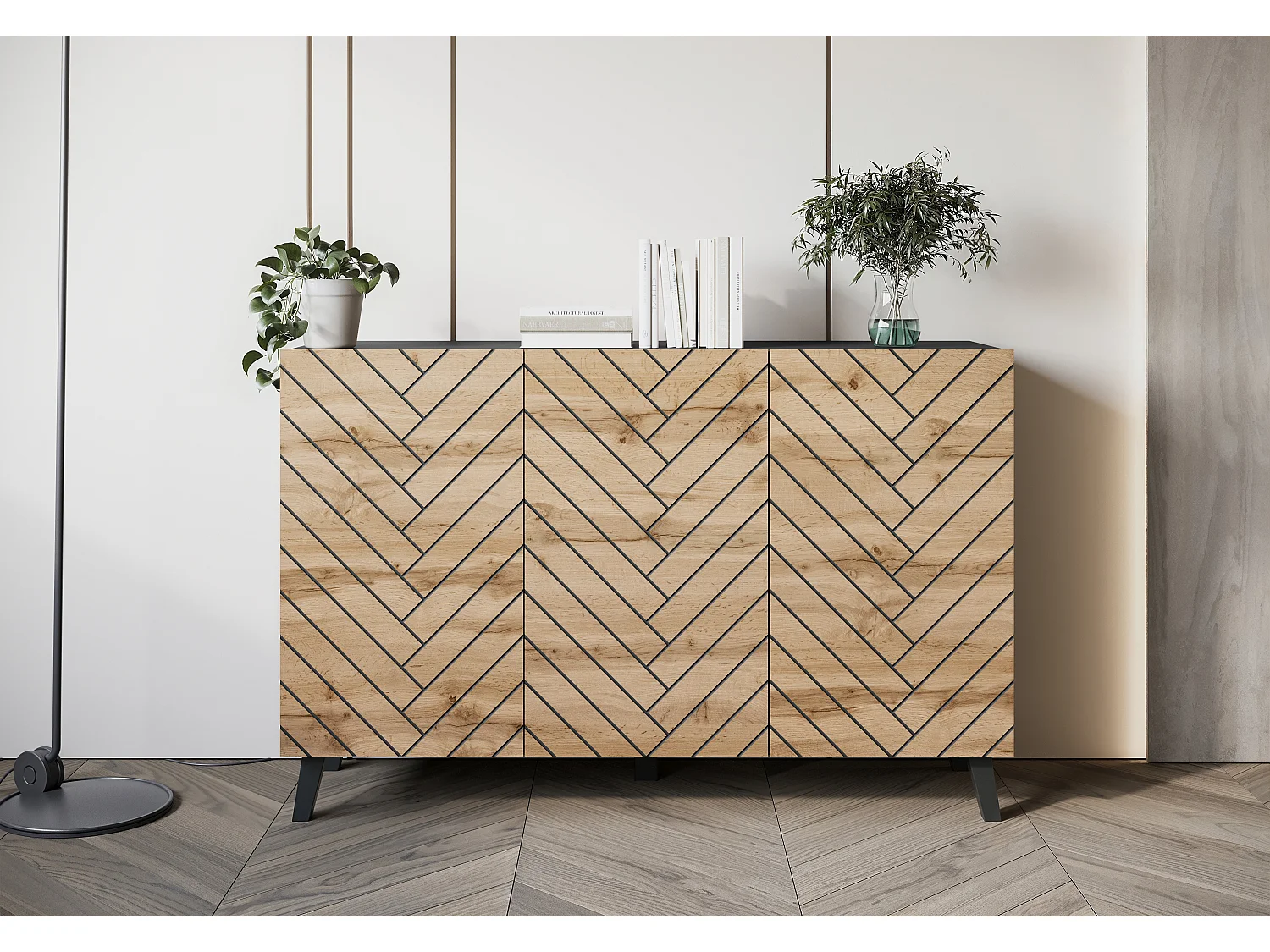 Commode moderne 120 cm pour salon sur pieds, graphite noir, façades MDF chêne wotan motif chevron