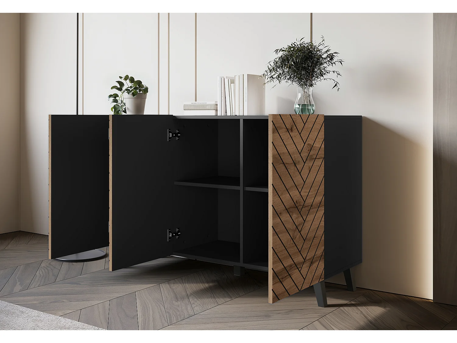 Commode moderne 120 cm pour salon sur pieds, graphite noir, façades MDF chêne wotan motif chevron