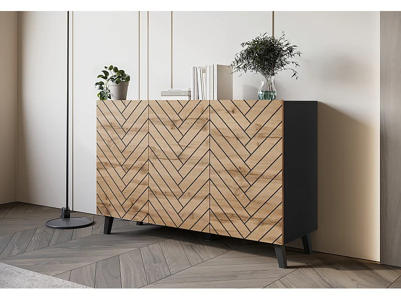 Commode moderne 120 cm pour salon sur pieds, graphite noir, façades MDF chêne wotan motif chevron