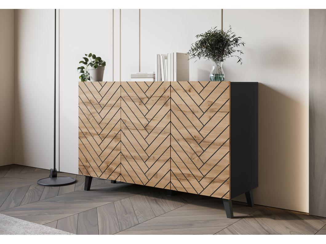 Driedeurs ladekast Zwarte Eik Wotan, visgraat MDF, soft close 120 cm