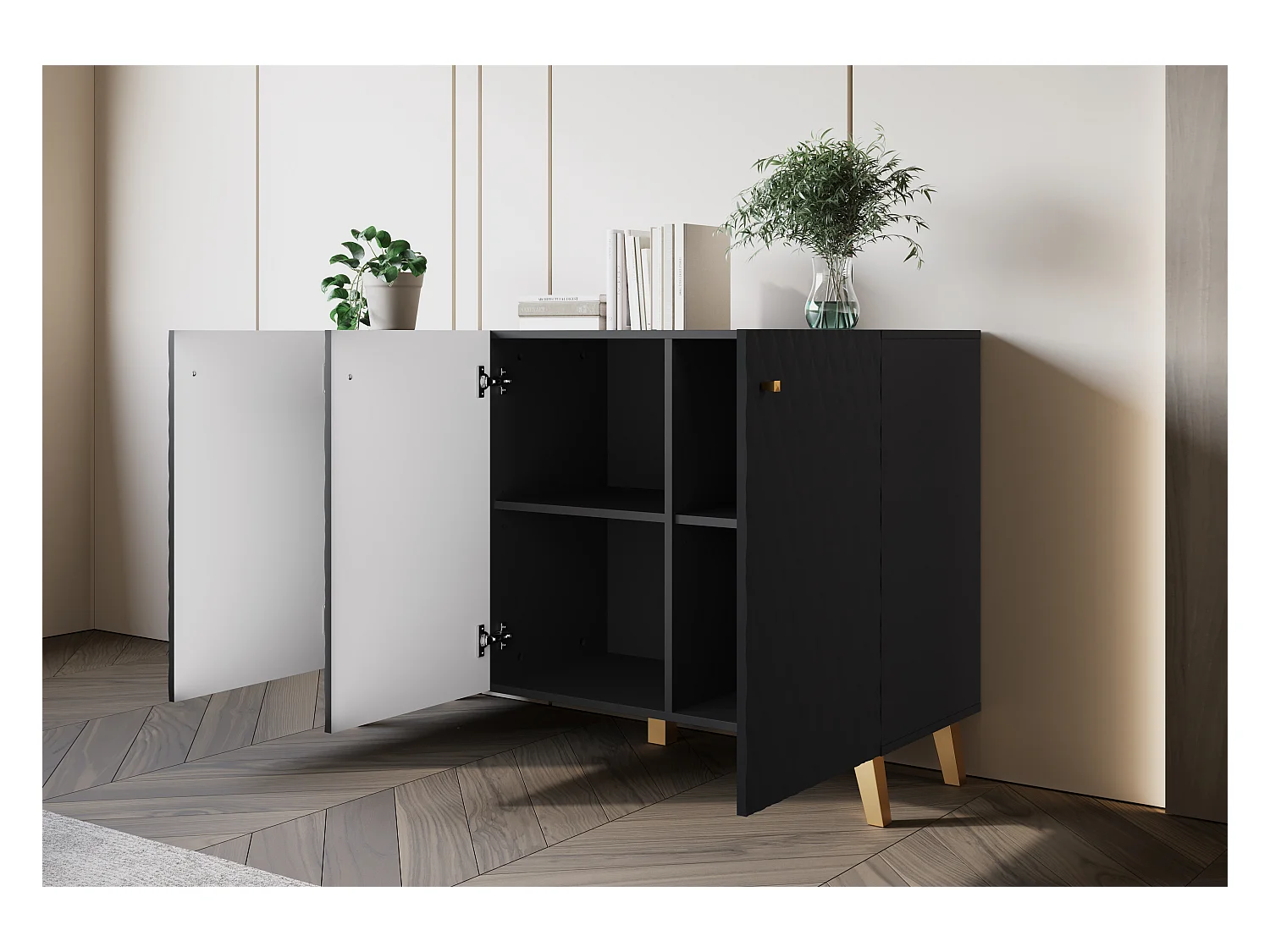 Cómoda moderna 120 cm para sala de estar com pés dourados, grafite preto, frentes em MDF com losangos