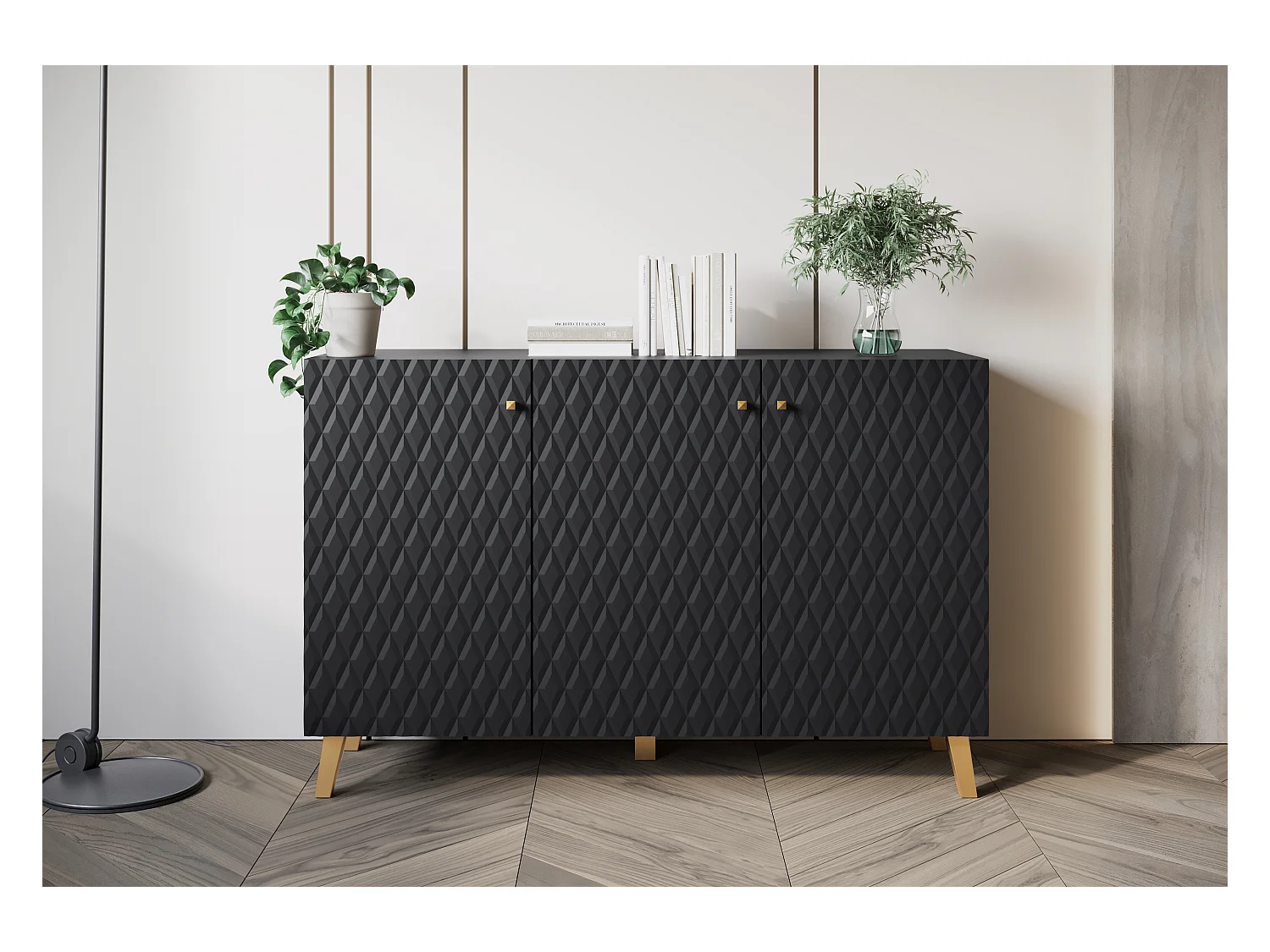 Cómoda moderna 120 cm para sala de estar com pés dourados, grafite preto, frentes em MDF com losangos