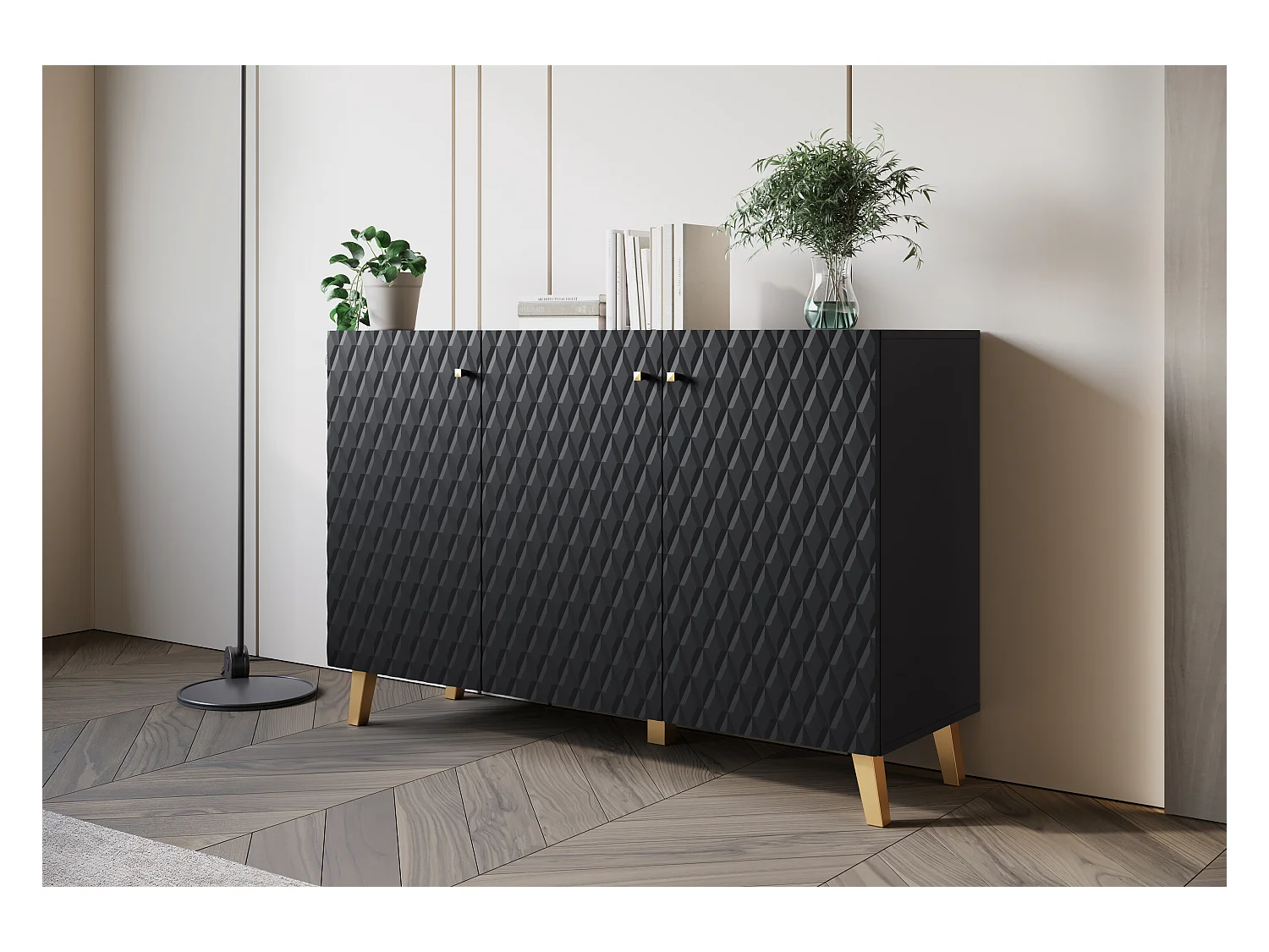 Commode moderne 120 cm pour salon sur pieds dorés, graphite noir, façades MDF à losanges